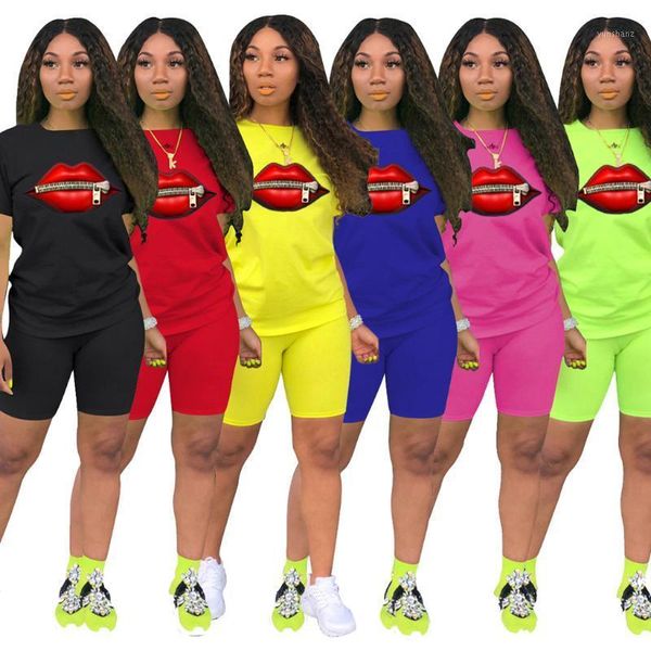 

gym clothing 2021 women summer lips print short sleeve t-shirt knee length shorts suit two piece set sporting tracksuit outfit#g41, White;black