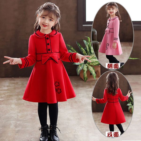 

children's tweed drs 2020 winter warm princs girls' long sve thickened woollen skirt new year's clothing, Red;yellow