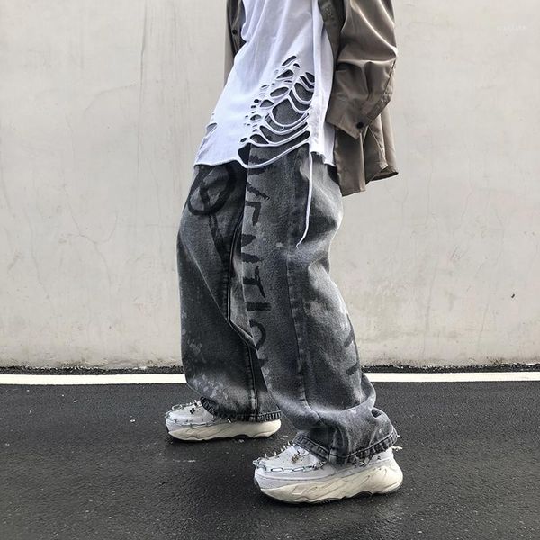 

uncledonjm high street graffiti hand-painted painting hip-hop street decadent style harajuku loose men and women denim trousers1, Blue