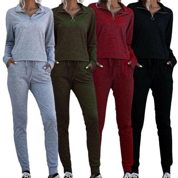 

vicabo women clothing zip stand collar solid color womens long sleeve sports pants two piece sets outfits for women, Gray