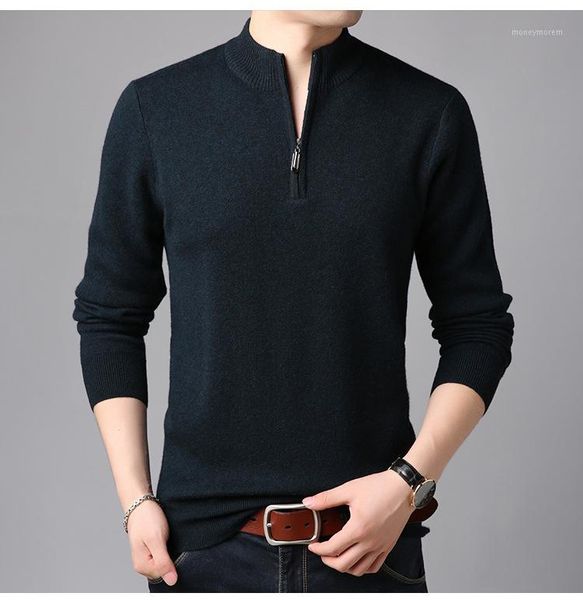 

men's sweaters 100 pure wool thick sweater winter men's solid color middle-aged and young half-high collar half zipper men1, White;black