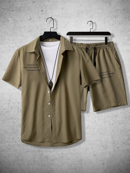 

men slogan graphic shirt & drawstring waist shorts without tee f7me#, Gray