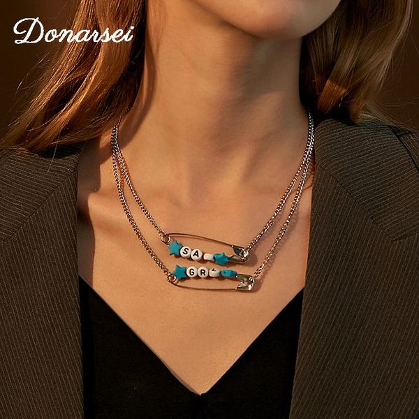 

chokers donarsei 2021 fashion double layers safety pin necklace for women bead letter sad grl paperclip clavicle chain, Golden;silver
