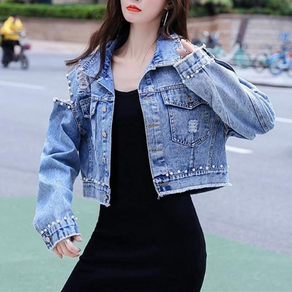 

women's jackets autumn and winter women long sleeve turn-down collar coats vintage casual beaded off shoulder hole denim jacket outerwe, Black;brown