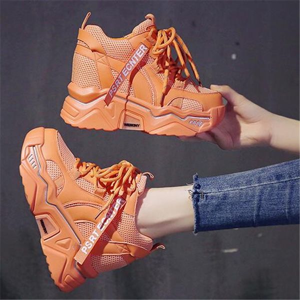 

2021 new women chunky sneakers breathable mesh lace casual old female fashion internal enhancement shoes uzjk, Black;white