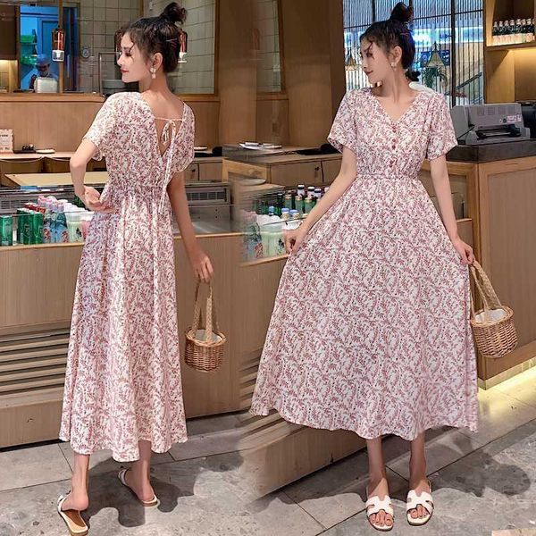 

summer deep v backless maternity long dress slim waist floral printed chiffon beach dress for pregnant women can nursing1, White