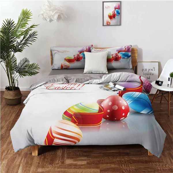 

ornamental ribbon with colorful egg pattern happy easter quote festive arrangementbedding 3-piece set
