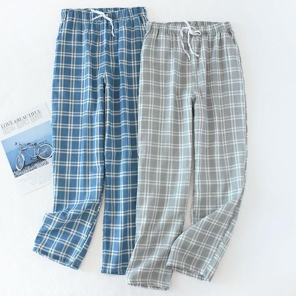 

men's cotton gauze trousers plaid knitted sleep pants mens pajamas pants bottoms sleepwear pajama short for men pijama hombre, Black;brown