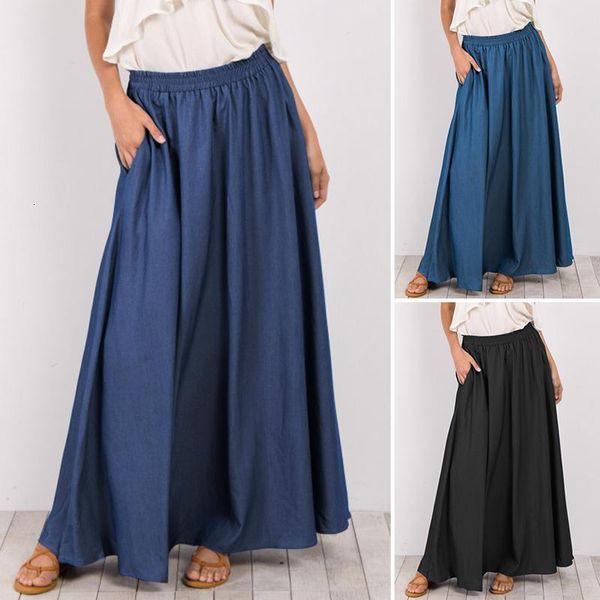 

zanzea office casual skirts women's denim maxi skirt elastic high waist party solid 2020 summer skirt pockets pleated femininas, Black