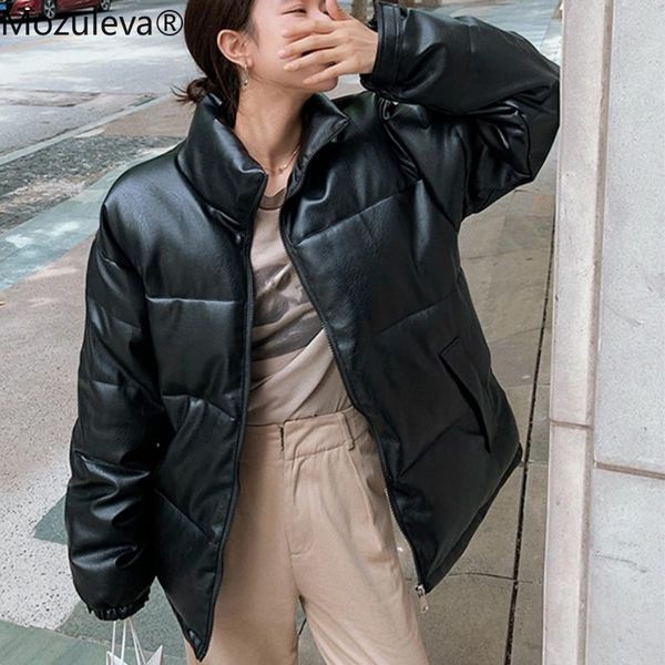 

mozuleva new 2020 autumn winter women jackets quilted puffer parkas high-quality warm pu leather oversize short coat, Black