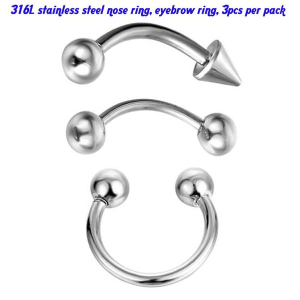 

кольцо для бровей 316l из нержавеющей стали изогнутый стержень конической сферической губной головки для ногтей брови головка для ногтей ног, Silver