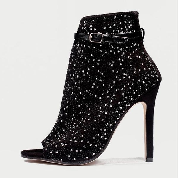 

mazefeng 2020 new women crystal sandals ankle straps buckle transparent cover heel pumps ladies sandals party shoes size 35-431, Black