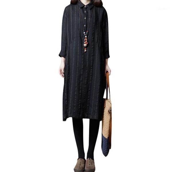 

women loose cotton linen dress striped long sleeves turn-down collar pockets fall dress vintage casual tunics vestidos1, Black;gray