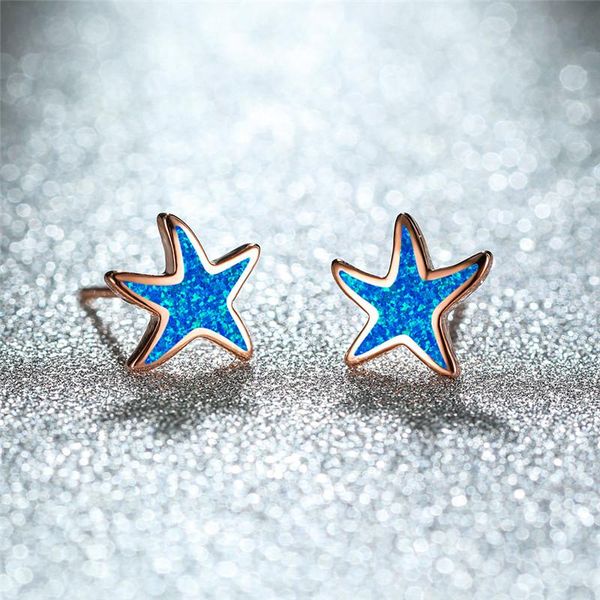 

stud simple female white blue opal earrings rose gold silver color wedding cute sea star small for women, Golden;silver