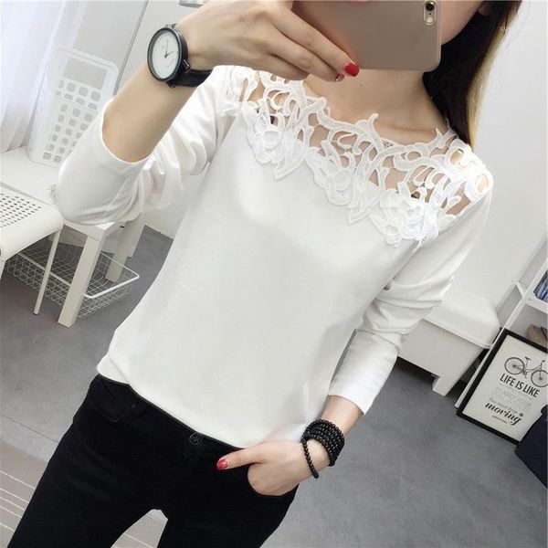 

women lace splice long sleeve autumn ladies causal loose solid color blouse1, White