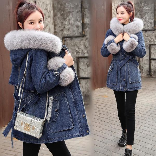

fnoce 2021 winter new women's plus velvet jeans jackets young fashion casual hooded fur collar thickened warm denim coats jacket1, Black;brown