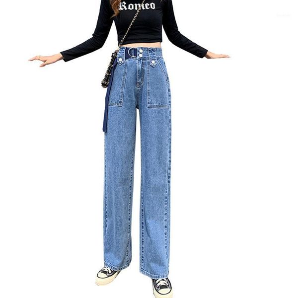 

2020 woman autumn casual jeans long trousers cowboy new female fashion streetwear high waist adjustable belt design pants ok5431, Blue
