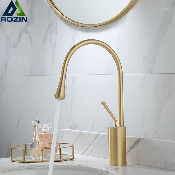 

brushed golden basin faucet single lever 360 rotation spout brass mixer tap for kitchen cold water bathroom basin water sink1