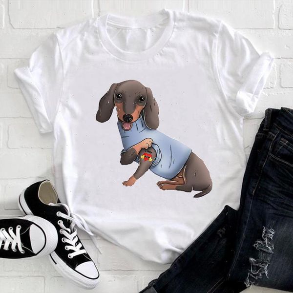 

women cute dog mom cartoon short sleeve funny printing animal clothes print tshirt female tee ladies graphic t shirt, White