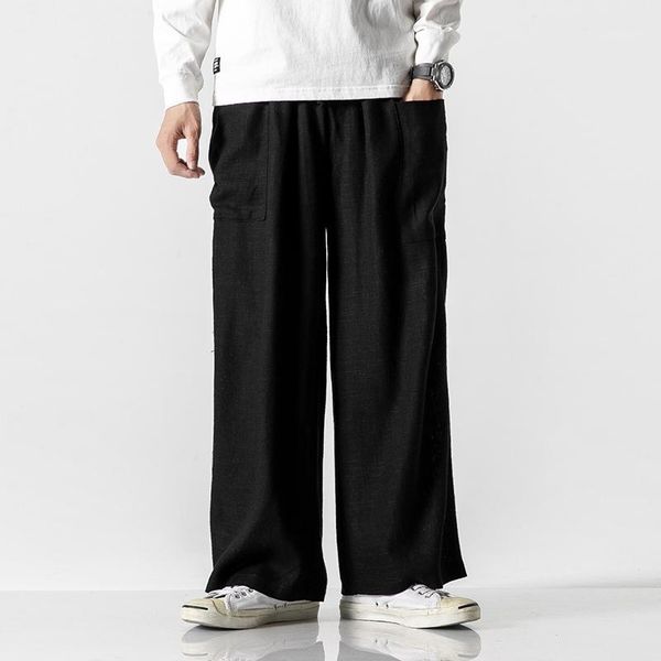 

male chinese style vintage long trousers wide leg pant men cotton linen casual loose straight pant plus size m-5xl1, Black