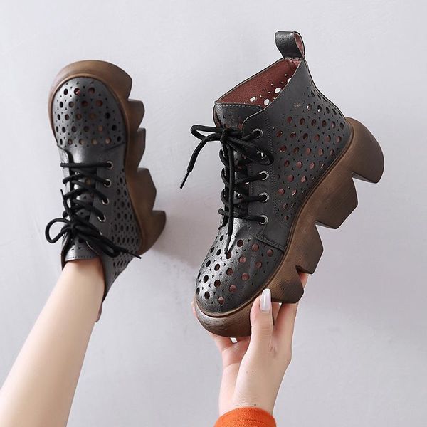 

boots women woman hallow out ankle boot 2021 summer female lace up ladies strange heels footwear women's shoes big size 43, Black