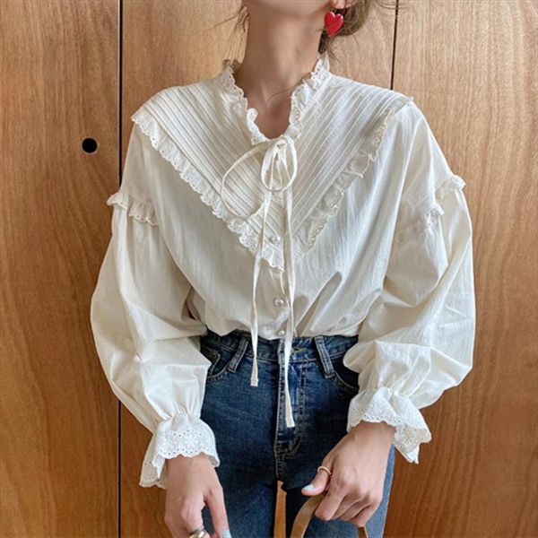 

2020 new arrival hollow out vintage elegant women shirt solid long sleeve korean style loose blouses blusas, White