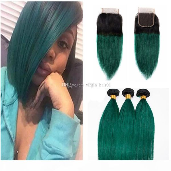 

t1b green teal ombre peruvian 3 bundles with closure dark roots two tone virgin hair with closure silky straight ombre hair with closure, Black;brown