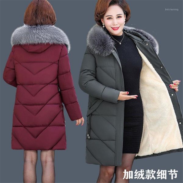 

plus size women long leather overcoat winter 2020 mother long coat thicken warm fur hooded jacket outerwear female1, Black