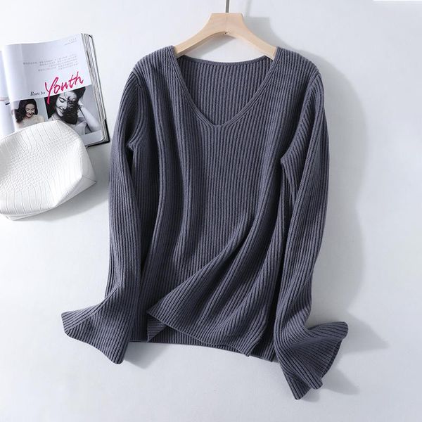 

women sweater pure cotton wool autumn pullover v-neck loose knit flared sleeve design a slightly looser version, White;black