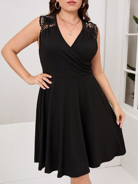 

plus contrast lace wrap dress d95t#, Black