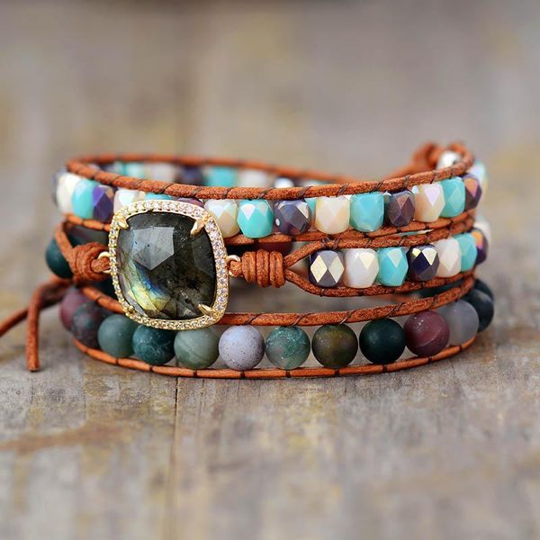 

браслет из бисера кожаный браслет w matte onyx labradorite rhinestone triple devictine strand bracte boho ювелирные изделия dropshipping sqc, Golden;silver