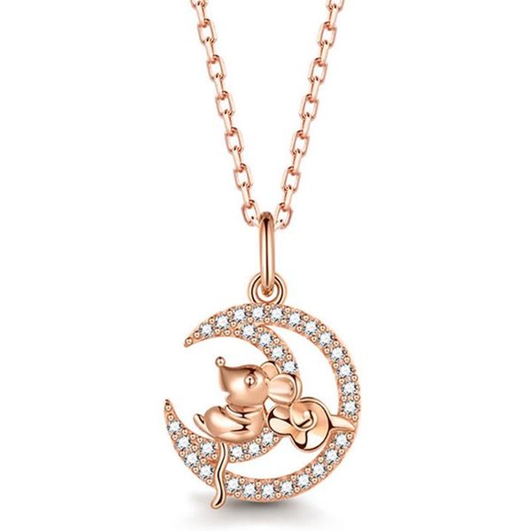 

2020 циркон крыс кулон ожерелье для женщин девушка детская детская подарочная лунная мышь розовое золото милое ожерелье, Silver