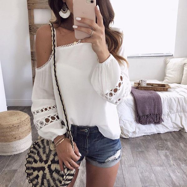

2018 new fashion women blouse shirts chiffon autumn long sleeve hollow out women clothing cold shoulder ladies ws9464v1, White