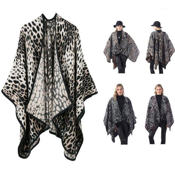 

winter 2020 thickened to keep warm popular classic open fork leopard print shawl female cashmere feel cape travel cape .1, Blue;gray