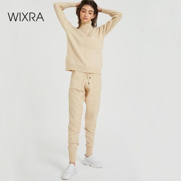 

wixra women's sweater suits and sets turtleneck long sleeve knitted sweaters+pockets long trousers 2pcs sets winter costume, White