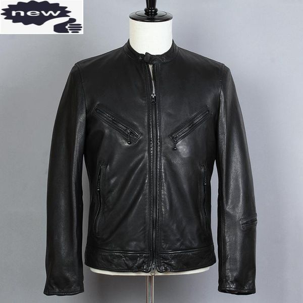 

men's leather & faux 2021 fashion genuine men black sheepskin short stand collar motorcycle biker jacket real coat
