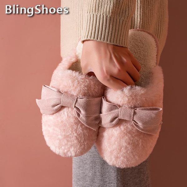 

slippers 2021 winter women cute bow fur warm plush bedroom buttterfly-knot couples flat shoes house ladies furry, Black