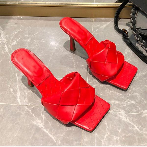 

2021 new fashion will see square head woven surface female peep shoes high heels lady sandals size 35-39 lfvp, Black