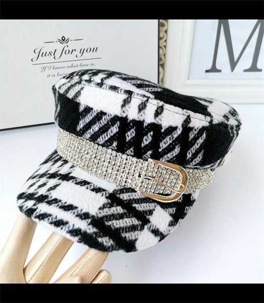 

stingy brim hats 202120-shi autumn spring shiny diamond coarse ribbon leisure classic plaid lady octagonal hat women visors cap, Blue;gray