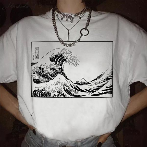 

the great wave off kanagawa print large size loose t shirt vintage harajuku japanese wave streetwear summer womens t shirt, White