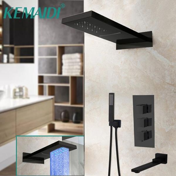 

bathroom sink faucets kemaidi led thermostatic mixer bath shower tap 3& 4 ways faucet wall mounted matte black rain waterfall set