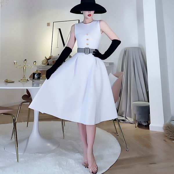 

2021 new le palais origonal spring summer hepburn vintage pure white style thin fish elegant expansion dress feminine uveh, Black;gray