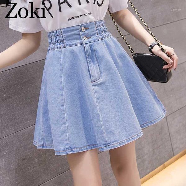 

zoki women denim pleated mini skirt summer elastic high waist a-line girl jeans elegant korean preppy style cotton skirt1, Black