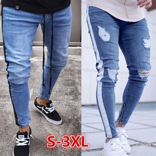 Skinny Jeans Erkekler Seksi Yırtık Delik Streç Denim Pantolon Erkek Sonbahar Düz Streetwear Kalem Hip Hop Jeans Artı Boyutu 201116
