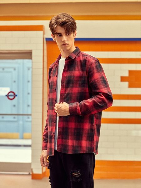 

men plaid button front shirt 10vd#, White;black