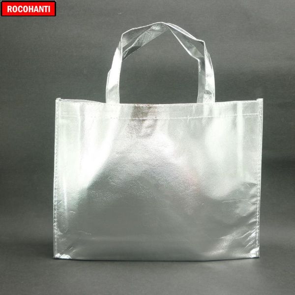 

customized laser film laminated silver metallic sewed non woven shopping gift bags
