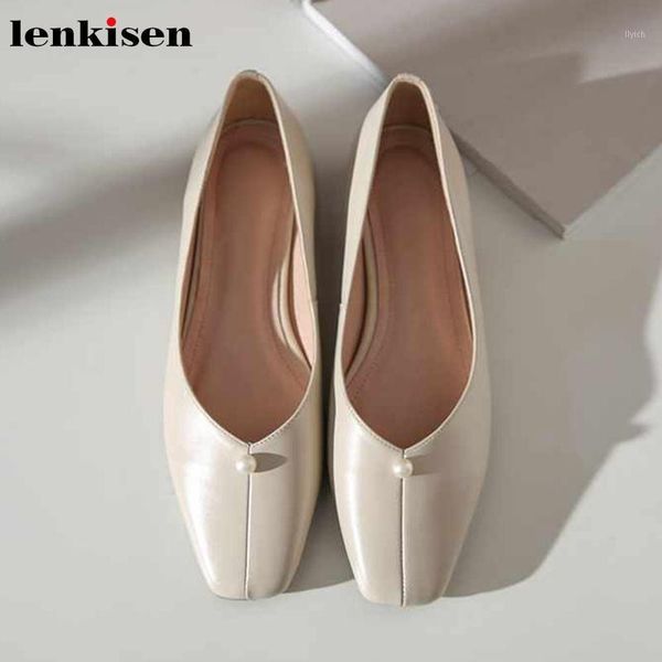 

dress shoes lenkisen simple style pearl elegant solid genuine leather square toe med heels slip on spring daily wear cozy women pumps l071, Black