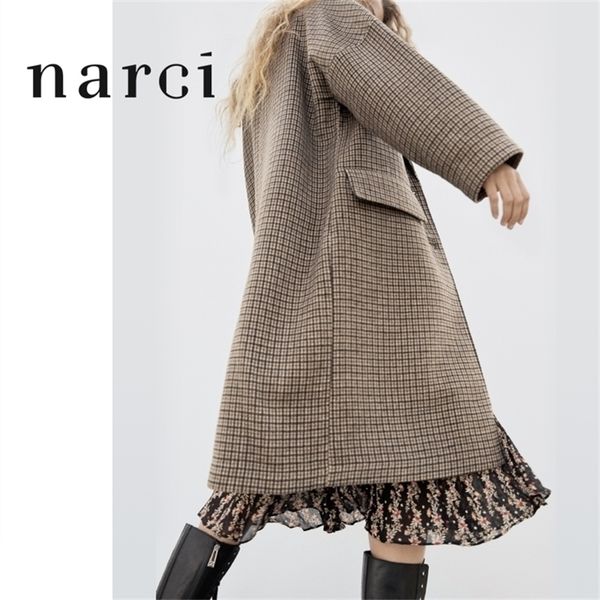 Narci Cappotto lungo a quadri da donna nuovo per la primavera invernale Cappotto scozzese pied de poule da donna Cappotto marrone con colletto rovesciato allentato 201218