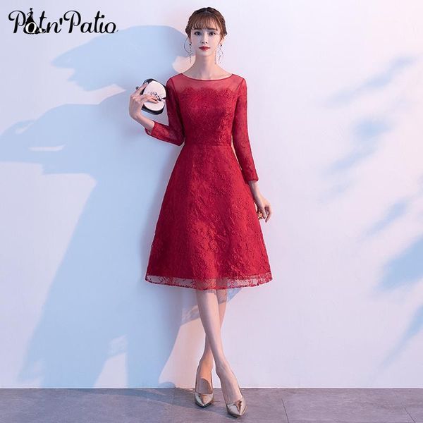 

party dresses wine red lace long sleeve prom 2021 elegant scoop neck a-line women evening gowns plus size1, White;black