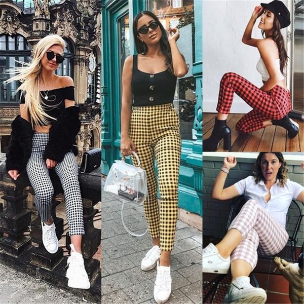 

ladies pencil pants fashion womens designer pants plaid print contrast color womens skinny pants casual 2020, Black;white